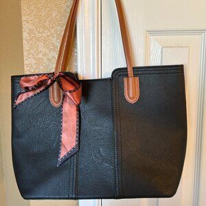 Montana West Medium Tote Bag - Black with Tan Handles - Bow Accent - Zippered